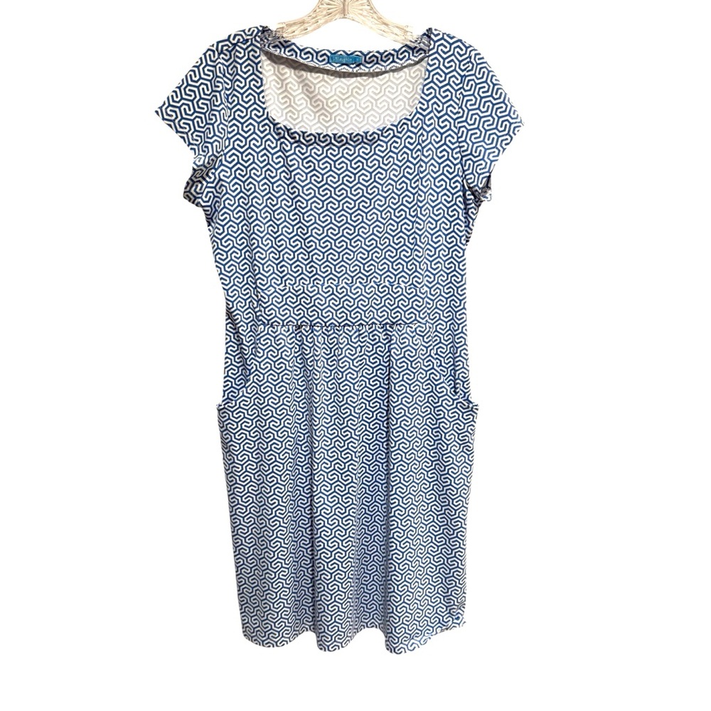 J Mclaughlin Dress Size Medium Catalina Cloth Stretch White Blue Geometric
